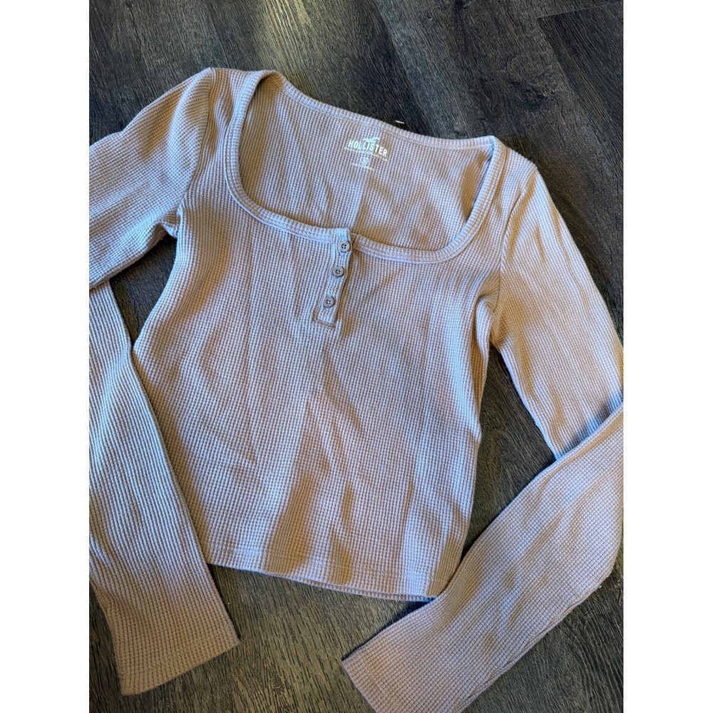 Hollister Womens Tan Waffle Knit Henley Square Neck Long Sleeve Top Small